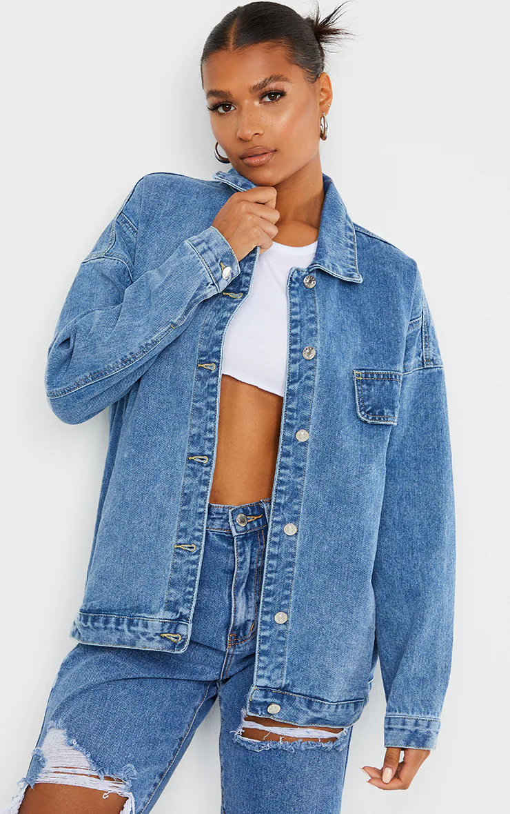 denim jacket from Pretty Little Thing modeled. Group fancy dress ideas